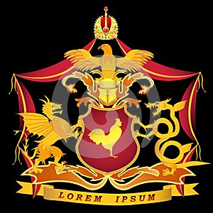 Golden Coat of Arms on a black background with the image of drag