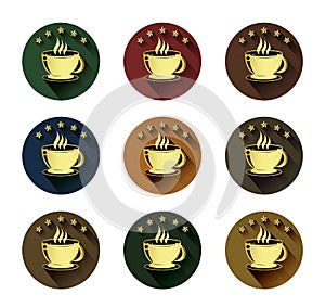 Golden coffee cup and five star icons set