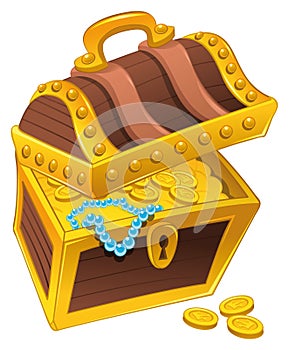Golden coffer with treasure, full of coins,