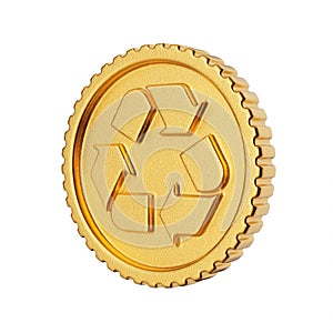 Golden Coin Badge with Recycle Sign. 3d Rendering