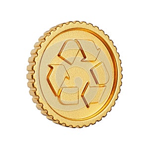 Golden Coin Badge with Recycle Sign. 3d Rendering