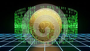 Golden Coin with Binary Code Background in Futuristic Setting
