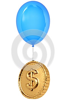Golden coin with a dollar sign flies on balloon.