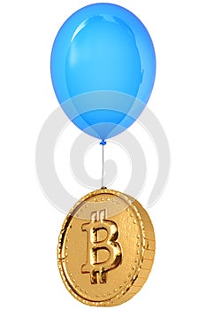 Golden coin with a dollar sign flies on balloon.