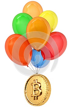 Golden coin with a dollar sign flies on balloons.