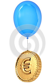 Golden coin with a euro sign flies on balloon.