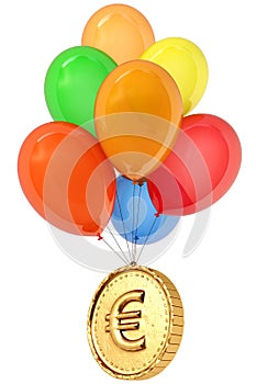 Golden coin with a euro sign flies on balloons.