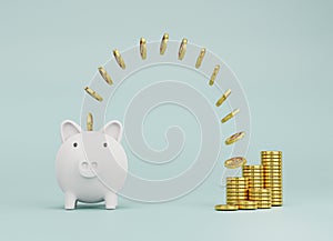 Golden coin flying to white piggy bank on blue background for money saving and deposit concept , creative ideas by 3D rendering