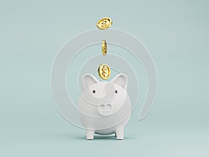 Golden coin flying to white piggy bank on blue background for money saving and deposit concept , creative ideas by 3D rendering