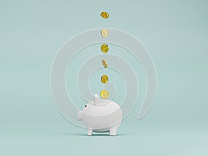 Golden coin flying to white piggy bank on blue background for money saving and deposit concept , creative ideas by 3D rendering