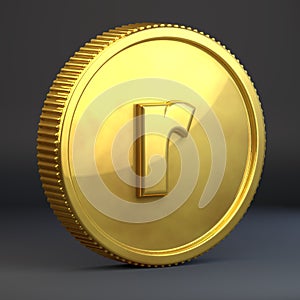 Golden coin with letter R lowercase isolated on black background.