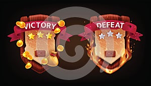 3D victory defeat game badge UI wooden shield award, vector medieval RPG success screen, sword.