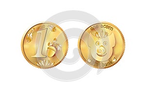 Golden coin one acorn. Heads and tails for decoration and design. New year 2019 oink bank with the image piglet. Vector illustrati