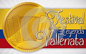 Golden Coin over Colombian Flag for Vallenato Legend Festival, Vector Illustration