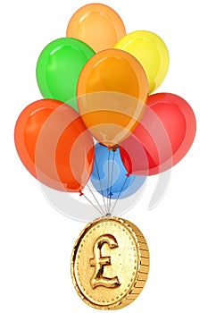 Golden coin with a pound sign flies on balloons.