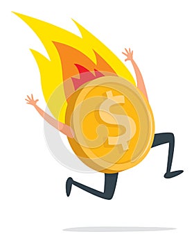 Golden coin running on fire