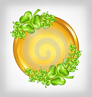 Golden coin with shamrocks. St. Patricks day symbo