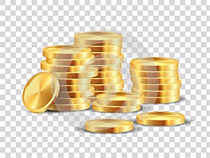 Golden coin stack. Realistic golden dollar coins game template. Vector 3D cash money isolated on transparent background