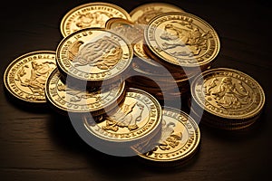 Golden coin stack wealth concept photo. Financial economy success savings profit money investment photo