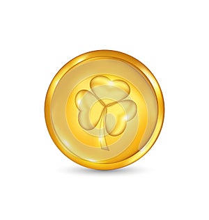 Golden coin with three leaves clover. St. Patricks