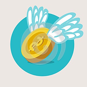 Golden coin with wings flat design vector