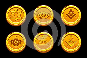 Golden coins with an All-seeing eye. Golden Pyramid and All-seeing Eye, Freemasonry Masonic Symbol