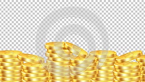 Golden coins background. Isolated realictic money. Vector coin pile transparent banner