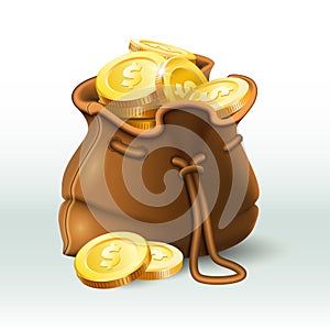 Golden coins bag. Gold coin in old antique sack, saving money purse and gold wealth 3D realistic vector illustration