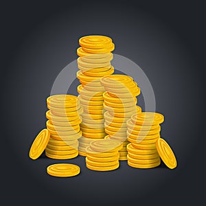 Golden coins big stack on black background. Colorful glossy pile of money money realistic game asset. Vector stock illustration