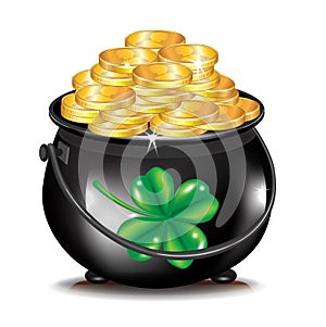 Golden coins in black pot and clover