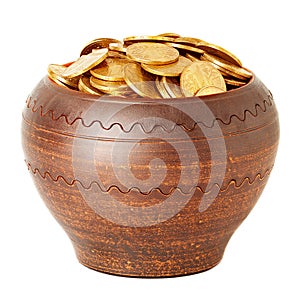 Golden coins in ceramic pot