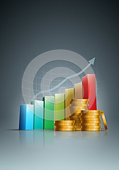 Golden coins and colorful bar graph.