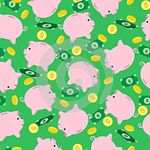 Golden coins with dollar sign seamless pattern. Pink piggy bank on a white background seamless pattern