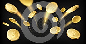 Golden coins explosion. Realistic dollar coins flying with moving traces, gambling games prize, casino jackpot, money