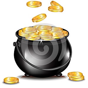 Golden coins falling in black pot