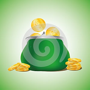 Golden coins falling in green retro purse on light green background. Dollars dropping in open purse. Saving money