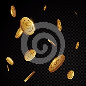 Golden coins falling isolatend on transparency black background