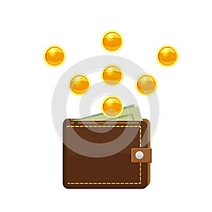 Golden coins falling and wallet with dollars bank notes in purse. Saving money concept. Vector illustration, cartoon