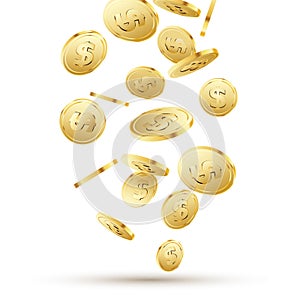 Golden coins falling on white. 3d gold money isolated coins background concept for business