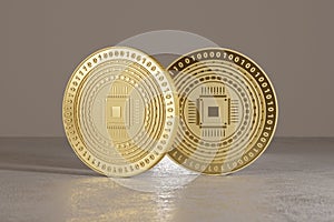 Golden coins on metal floor with cpu logo as example for bitcoin, online banking or fin-tech