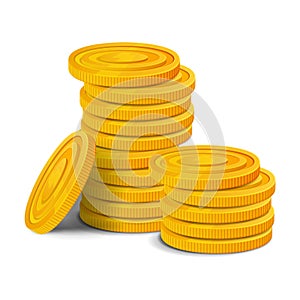 Golden coins pile. Colorful glossy money realistic game asset. Vector illustration isolated on white background