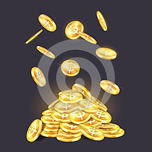 Golden coins pile or stack with falling cash