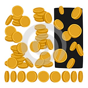 Golden Coins Piles, Falling or Spinning Animation Sprite, Cartoon Vector Set. Yellow Money Units Gleam With Opulence