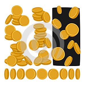 Golden Coins Piles, Falling or Spinning Animation Sprite, Cartoon Vector Set. Yellow Money Units Gleam With Opulence photo