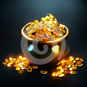 Golden coins in a pot on a black background. 3d illustration Generative AI