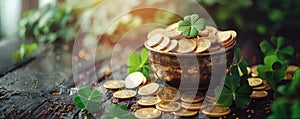 Golden coins in pot and scattered on a wooden table with clover leaves