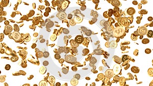 Golden coins rain, Falling coins, falling money, flying gold coins. Isolated on white background.