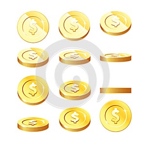 Golden coins set in rotation stages - flying coins in different positions