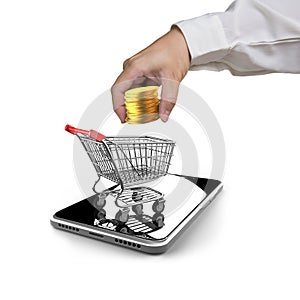 Golden coins, shopping cart, smartphone for mobile payment concept.