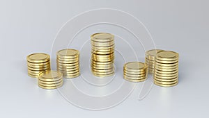 Golden Coins Stacked in Piles. Business Concept. 3D Render.